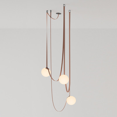 Vibia PLUSMINUS Серия подвесных светильников с белыми шарообразными плафонами из стекла на красных текстильных ремнях