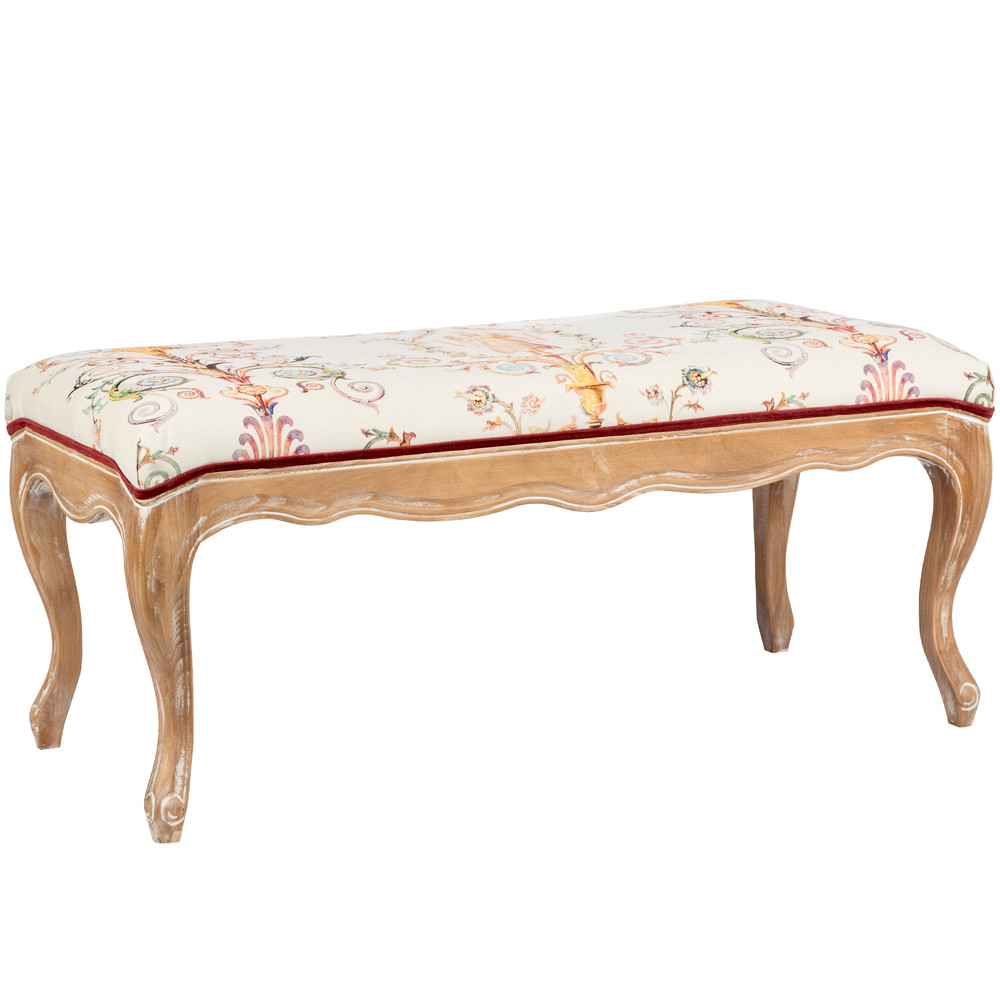 Банкетка из массива бука бежевая с растительным орнаментом Raffael Beige Floral Banquette