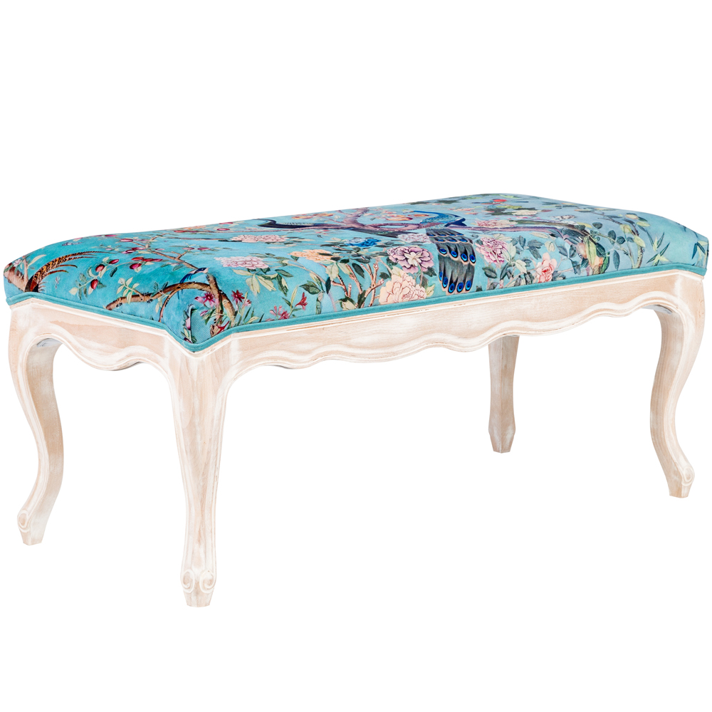 Банкетка из массива бука с цветочным принтом Turquoise Beige Chinoiserie Garden Banquette