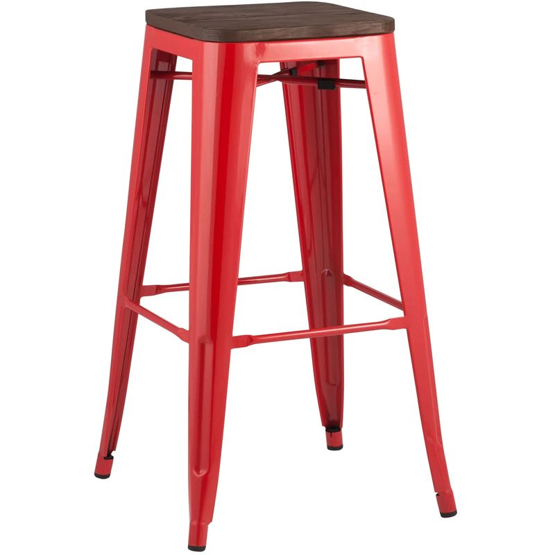 Барный Стул без Спинки Красный Металл  Деревянное Сидение