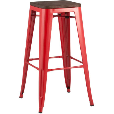 Барный Стул без Спинки Красный Металл  Деревянное Сидение