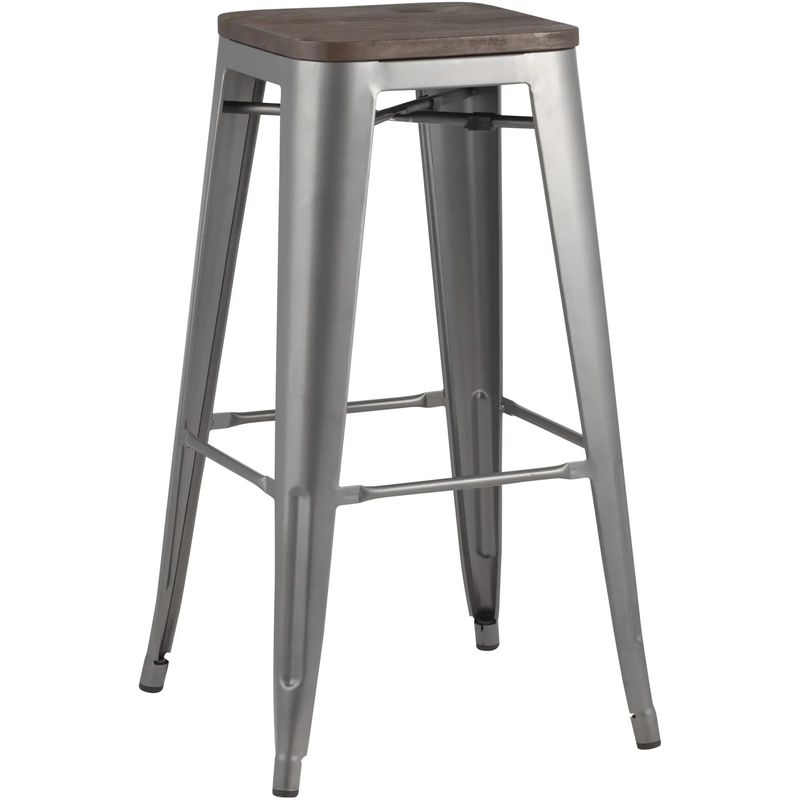 Барный Стул без Спинки Серебряный Матовый Металл  Деревянное Сидение