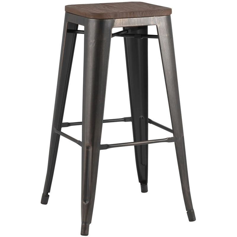 Барный Стул без Спинки Черный Металл с Золотой Патиной Деревянное Сидение