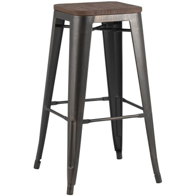 Барный Стул без Спинки Черный Металл с Золотой Патиной Деревянное Сидение