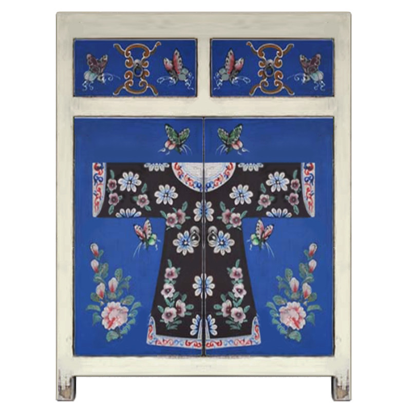 Белая тумба с синими ящиками и дверцами в Китайском стиле ручная роспись White Blue Chinese Nightstand