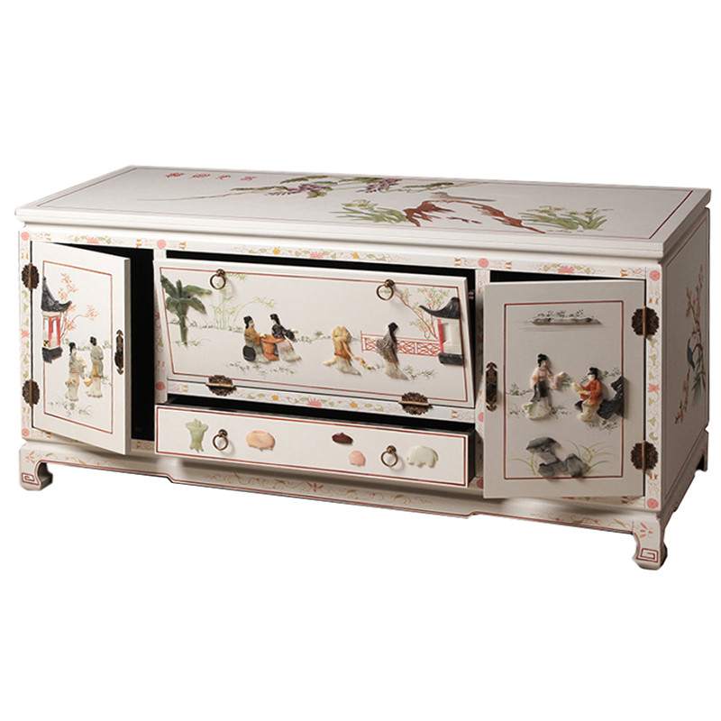 Белый Комод в Китайском стиле с каменным Барельефом Walk in the Garden Chinese Chest of Drawers