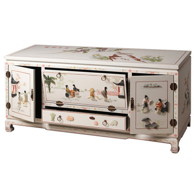 Белый Комод в Китайском стиле с каменным Барельефом Walk in the Garden Chinese Chest of Drawers
