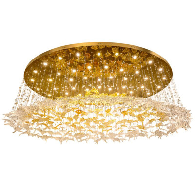 Большая круглая люстра с подвесками в виде листьев Amber Leaf Fall Light Chandelier Gold