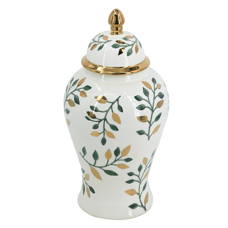 Ваза белая с крышкой с рисунком зеленых и золотых листьев 40 см Chinoiserie Ceramics