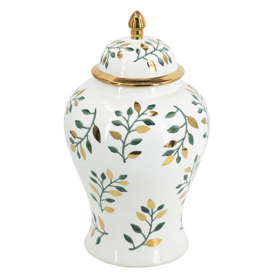 Ваза белая с крышкой с рисунком зеленых и золотых листьев 48 см Chinoiserie Ceramics