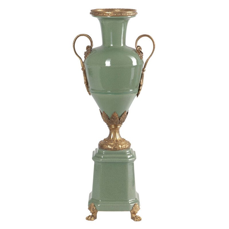 Ваза зеленого цвета из фарфора на высокой подставке с бронзовыми ручками Eden Garden porcelain and bronze