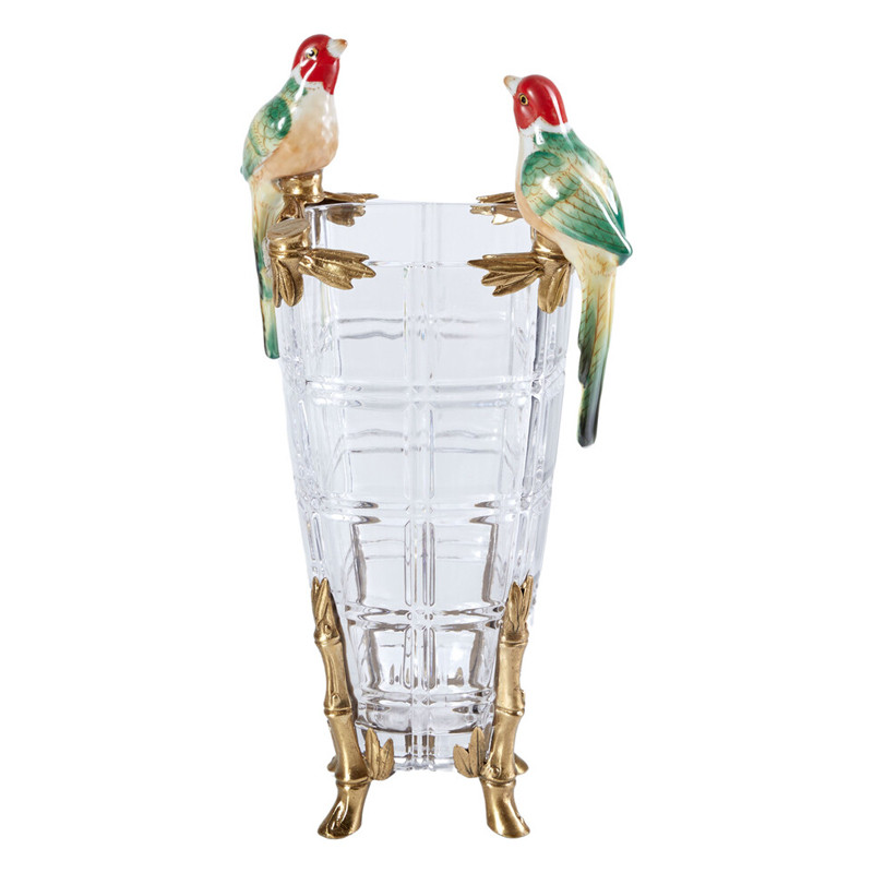 Ваза из прозрачного стекла с бронзовыми ножками и фигурками попугаев Eden Garden porcelain and bronze