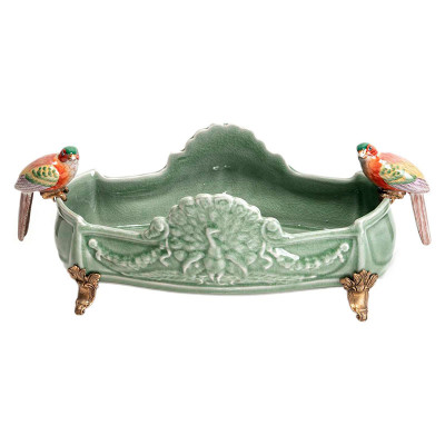 Ваза ладья фарфоровая зеленая с птичками Fruit