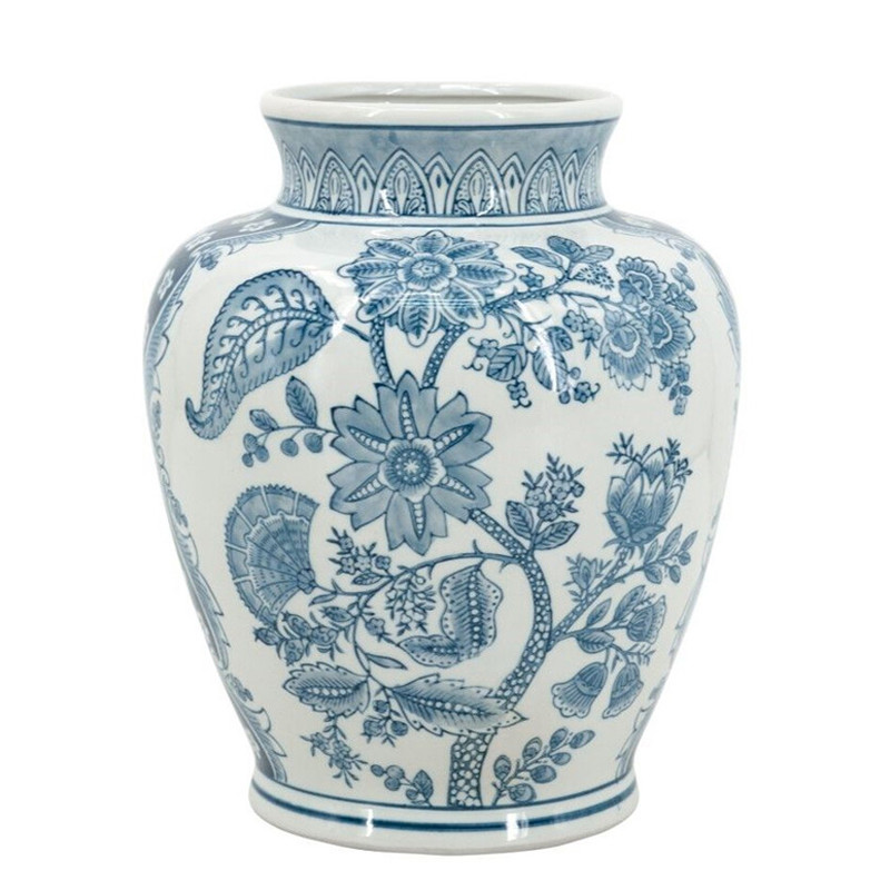 Ваза округлой формы белого цвета с синим растительным узором Blue & White Ornament
