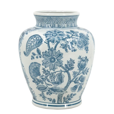 Ваза округлой формы белого цвета с синим растительным узором Blue & White Ornament