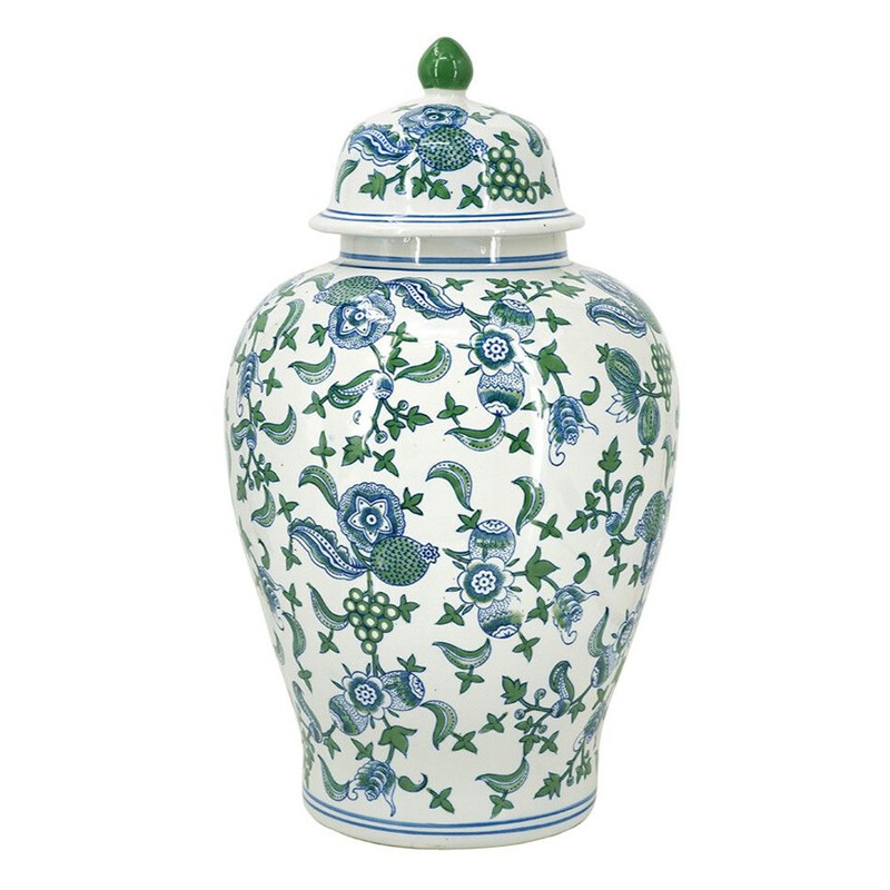 Ваза с крышкой и зелено-голубым цветочным узором на белом фоне Blue & White Ornament