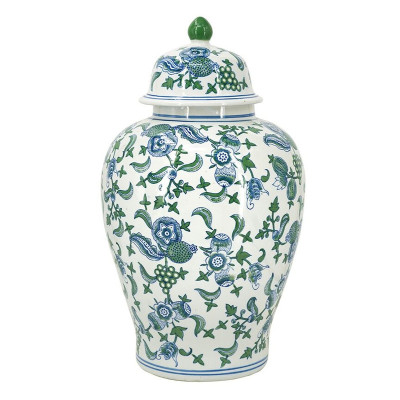 Ваза с крышкой и зелено-голубым цветочным узором на белом фоне Blue & White Ornament