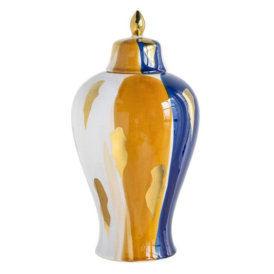Ваза с крышкой и мазками синего и золого цвета на белом фоне Chinoiserie Ceramics