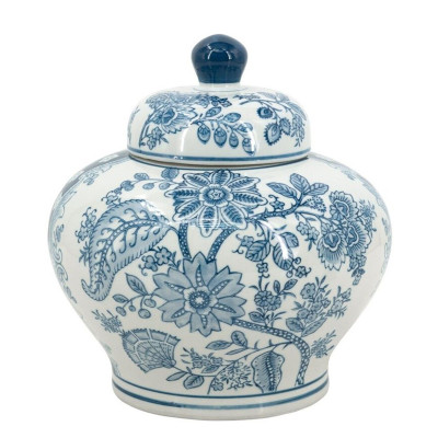 Ваза с крышкой и синим узором в виде цветов и листьев Blue & White Ornament