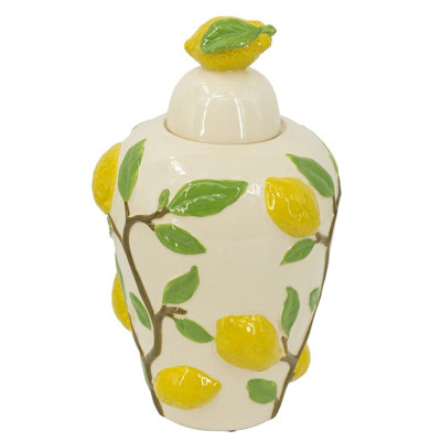 Ваза с крышкой кремового цвета и объемным рисунком лимонов и листьев Lemon Delight