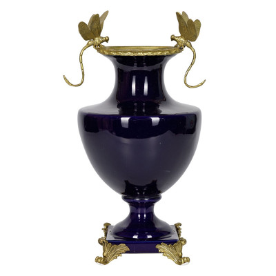 Ваза темно-синего цвета из фарфора с бронзовыми стрекозами Eden Garden porcelain and bronze