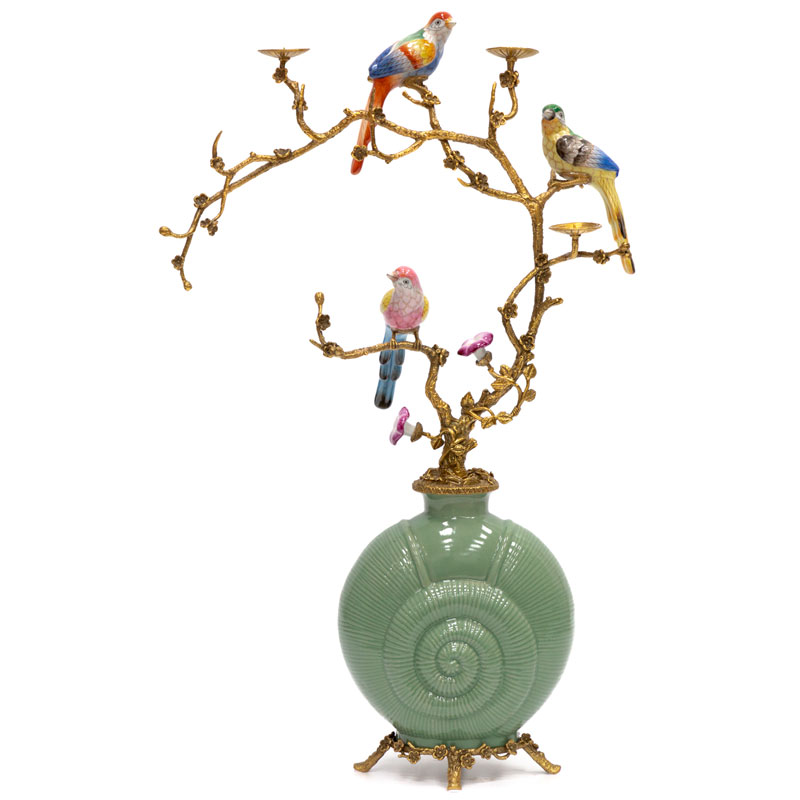 Ваза фарфоровая зеленая с фигурками птиц Porcelain bird