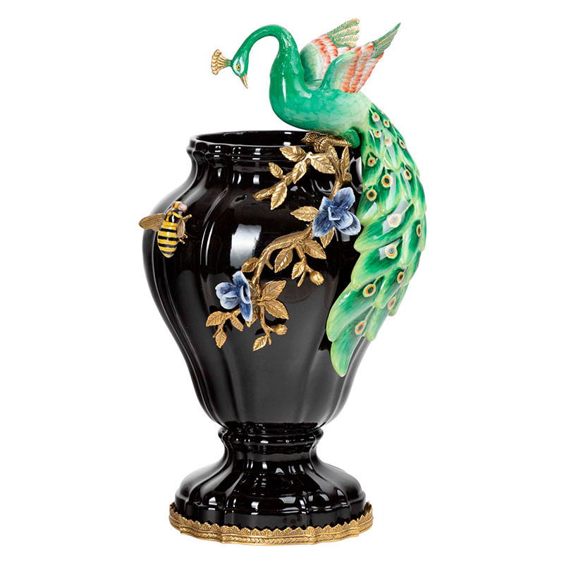 Ваза фарфоровая черная с фигуркой павлина Peacock