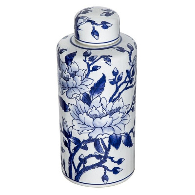 Ваза цилиндрической формы с крышкой и синим цветочным узором на белом фоне Blue & White Ornament