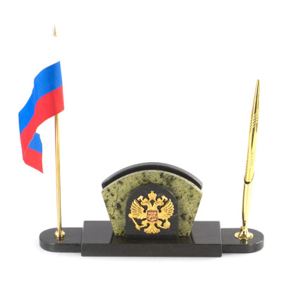 Визитница настольная с гербом и флагом России из природного камня змеевик Successful Leader