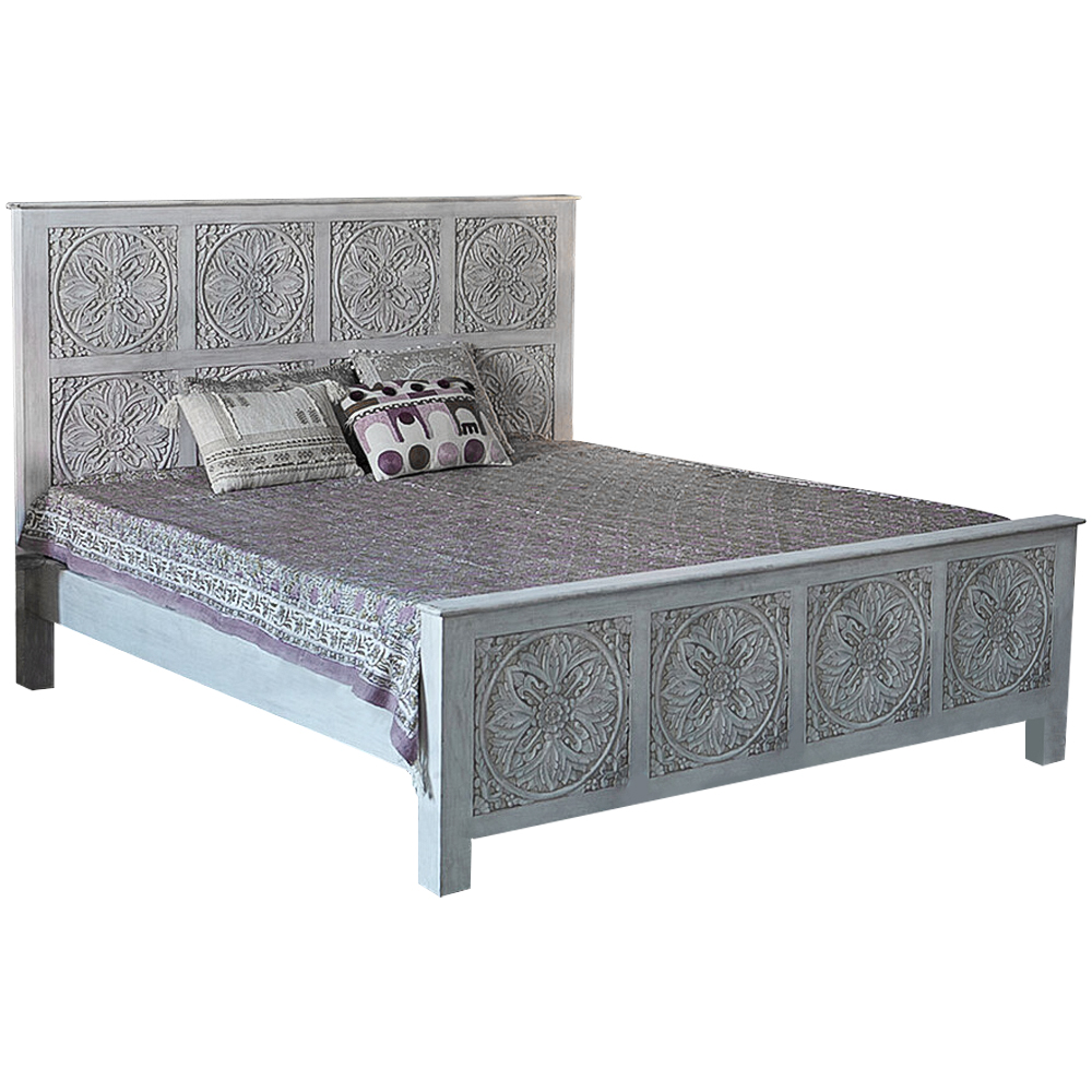 Двуспальная кровать из массива манго с резьбой Floro Grey Mango Bed