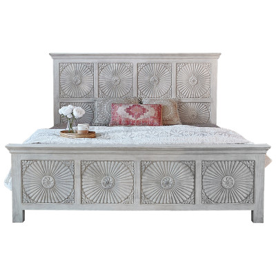 Двуспальная кровать из массива манго с резьбой Olan Grey Mango Bed