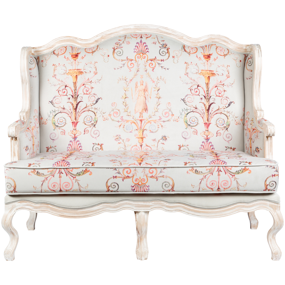 Двухместный диван из массива бука серый с растительным орнаментом Raffael Blue Grey Sofa