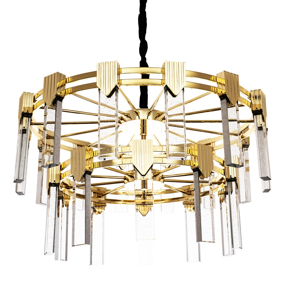 Двухъярусная люстра с прямоугольными хрустальными плафонами Glass Rectangles Gold Chandelier 76