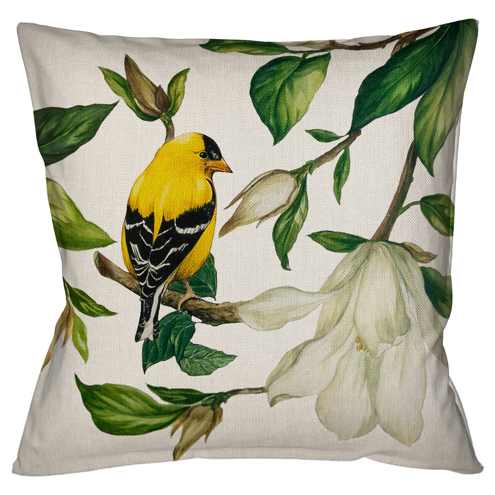 Декоративная подушка бежевая с изображением птиц и цветов Blooming Yellow Birds