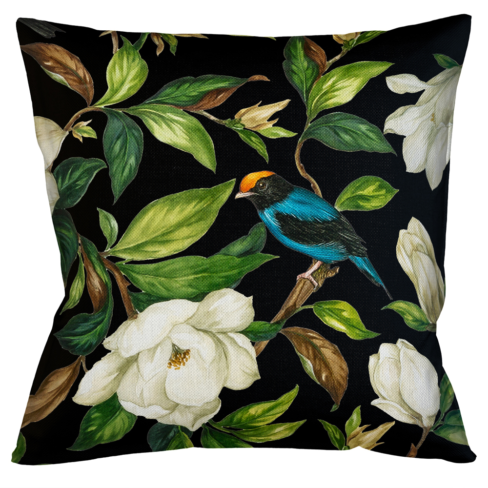 Декоративная подушка чёрная с изображением птиц и цветов  Blooming Blue Birds