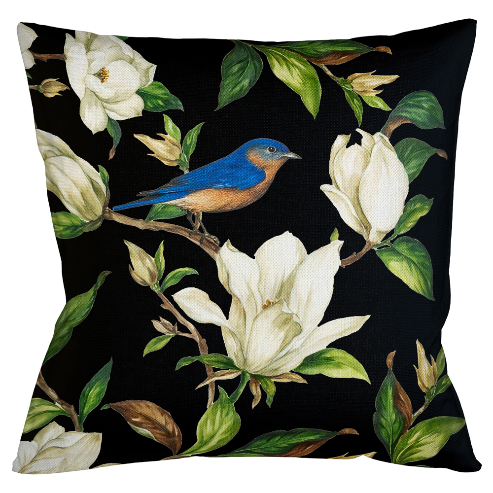Декоративная подушка чёрная с изображением птицы в саду Blooming Blue Birds