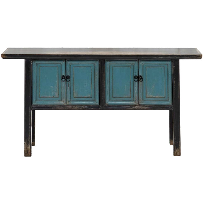 Деревянная консоль в китайском стиле с дверцами голубая Qin Console Table Blue