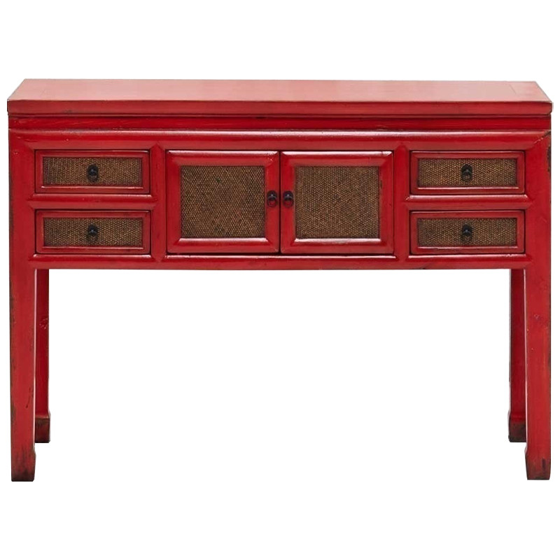 Деревянная консоль в китайском стиле с ящиками и дверцами красная Chinese Console Table