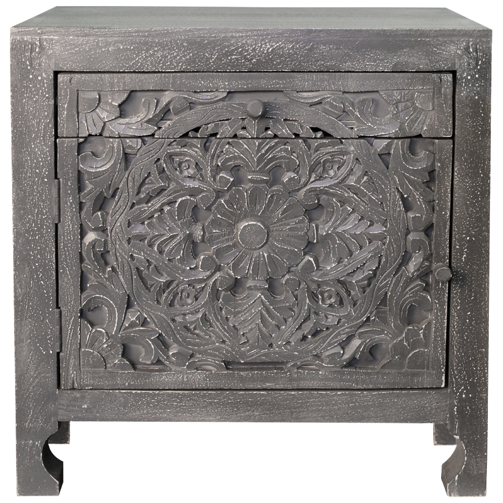 Деревянная тумба с резными ящиком и дверцей Azure Grey Wooden Nightstand