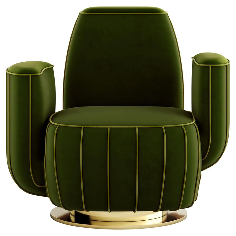 Дизайнерское Кресло-Кактус Modern Green Velvet Armchair Cactus Shape with Gold Swivel Base