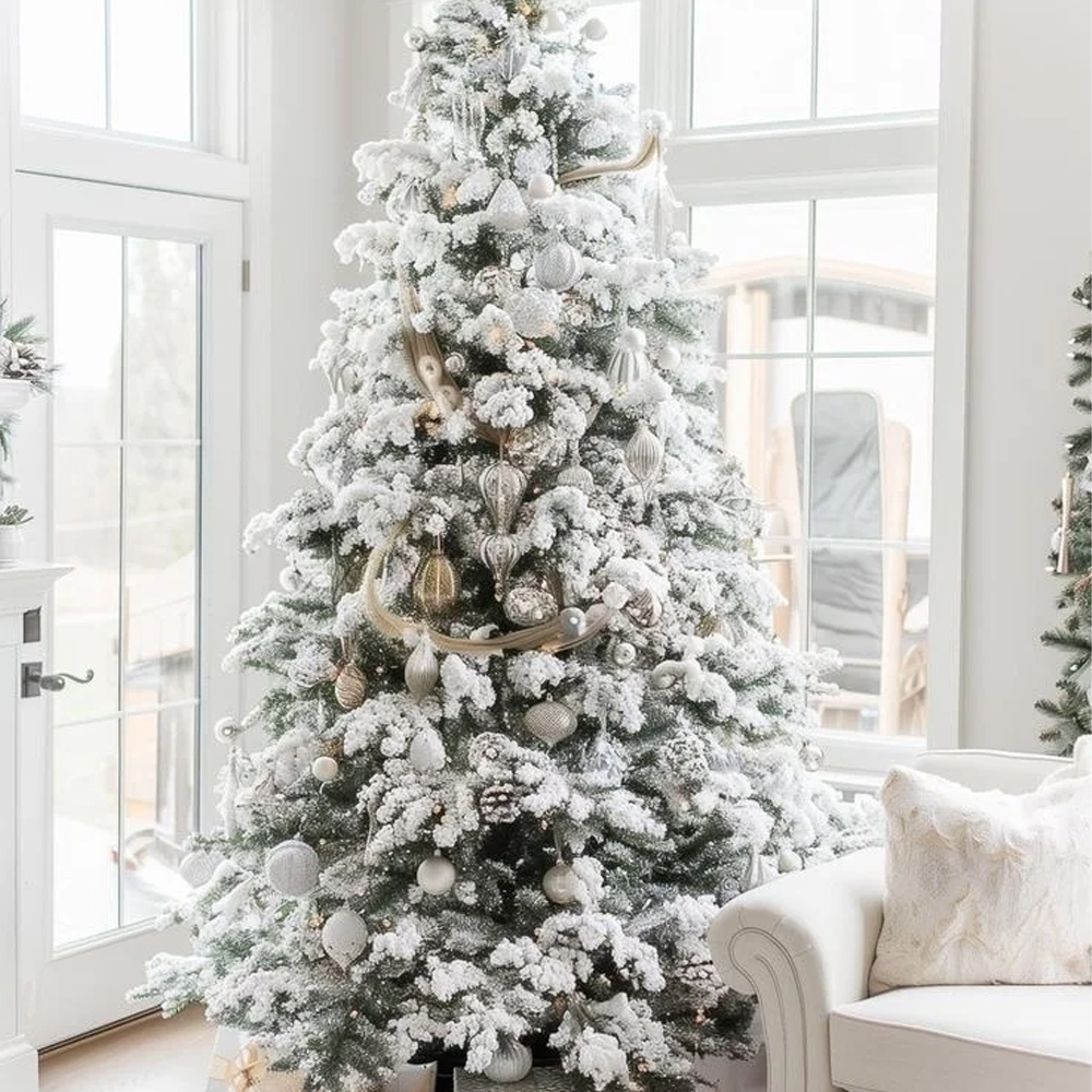 Заснеженная Новогодняя Ель с серебряными шарами и муляжами подарков в комплекте