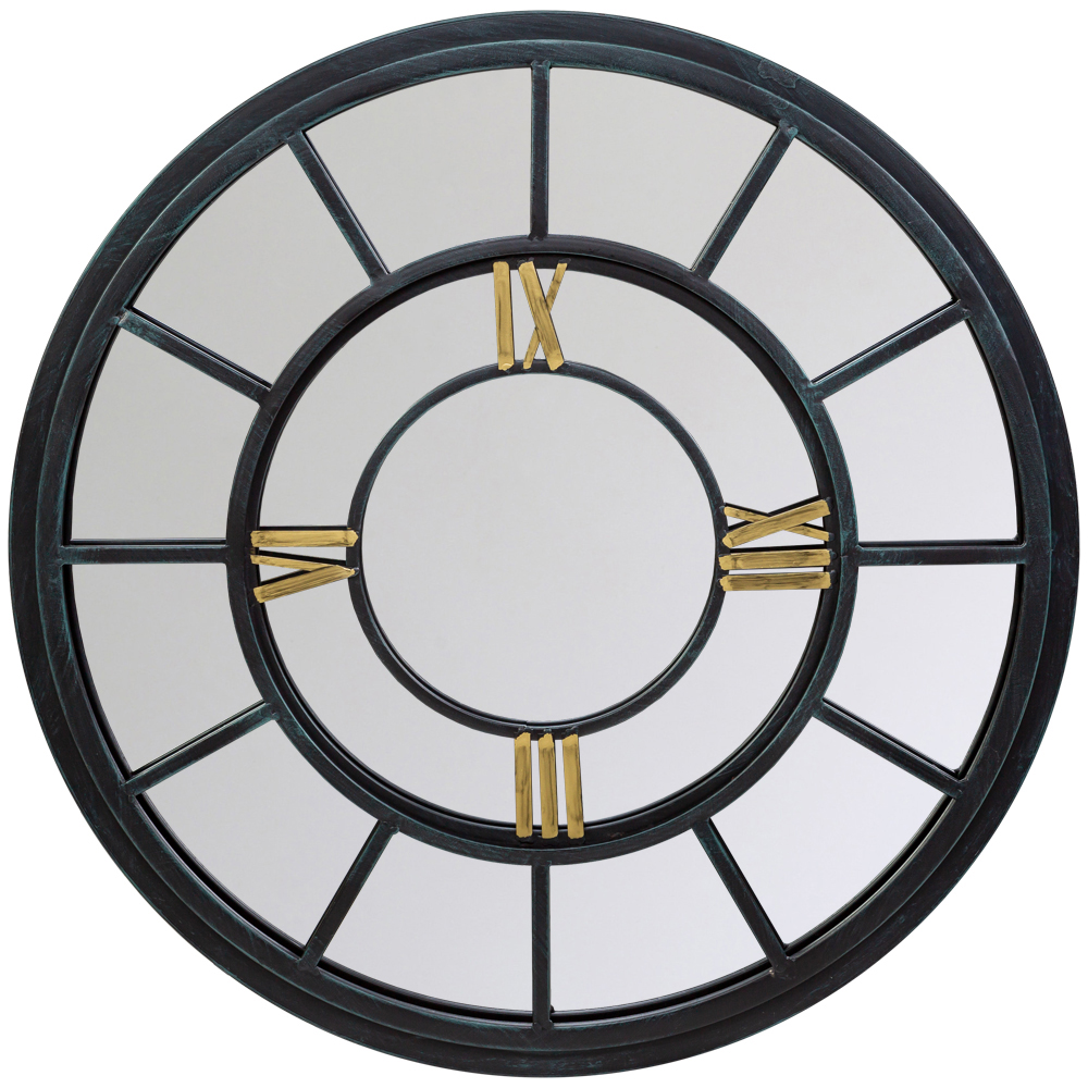 Зеркало настенное в чёрной металлической раме в виде часов Mirror Tower Clock