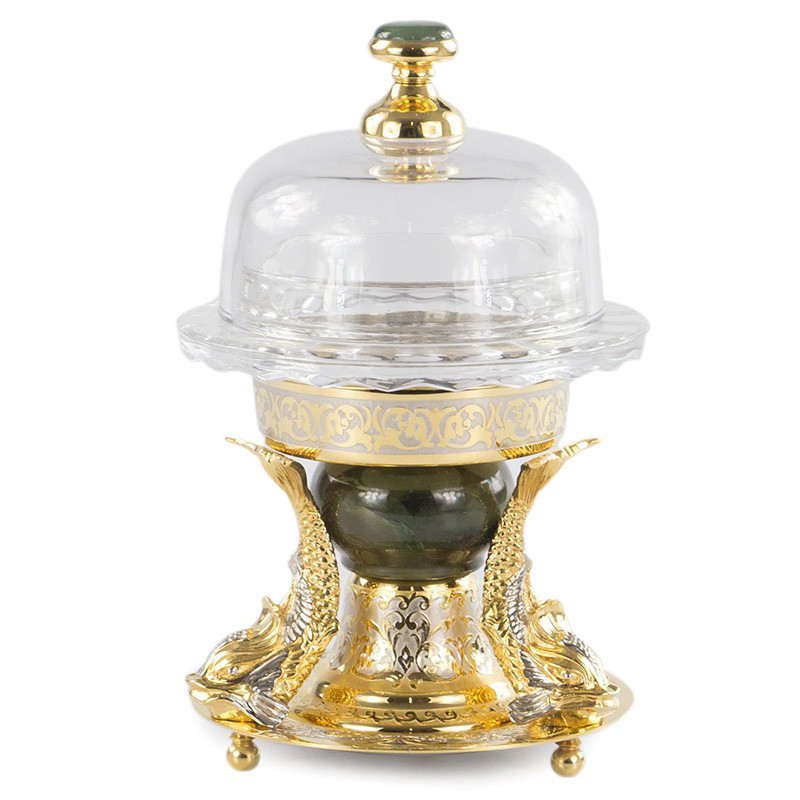 Икорница с декором "Три рыбки" с гравировкой и натуральным камнем Нефрит Decorative Cavair Dishes