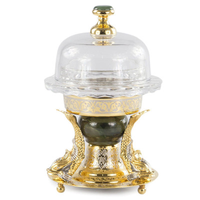 Икорница с декором "Три рыбки" с гравировкой и натуральным камнем Нефрит Decorative Cavair Dishes