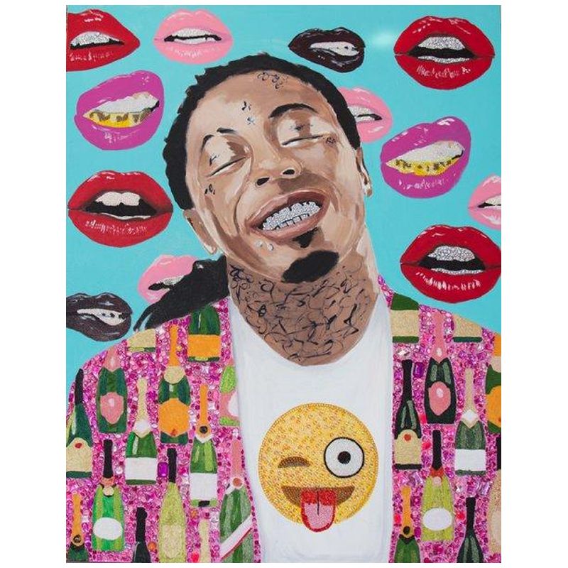 Картина “Lil Wayne with Champagne Jacket, Emoji Shirt, and Lips Background”