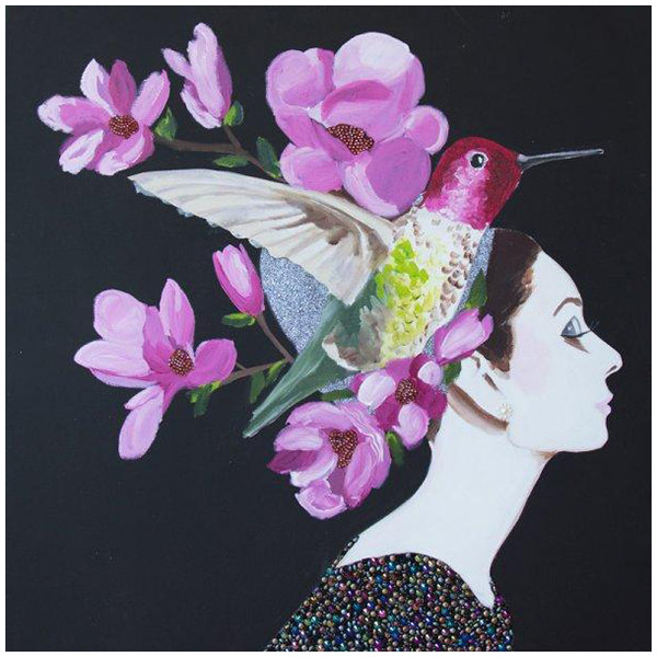 Картина Audrey with Hummingbird and Flowers Headdress on Black Background