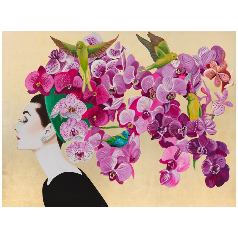 Картина Audrey with Moon Orchids and Green Parrots on Gold Leaf