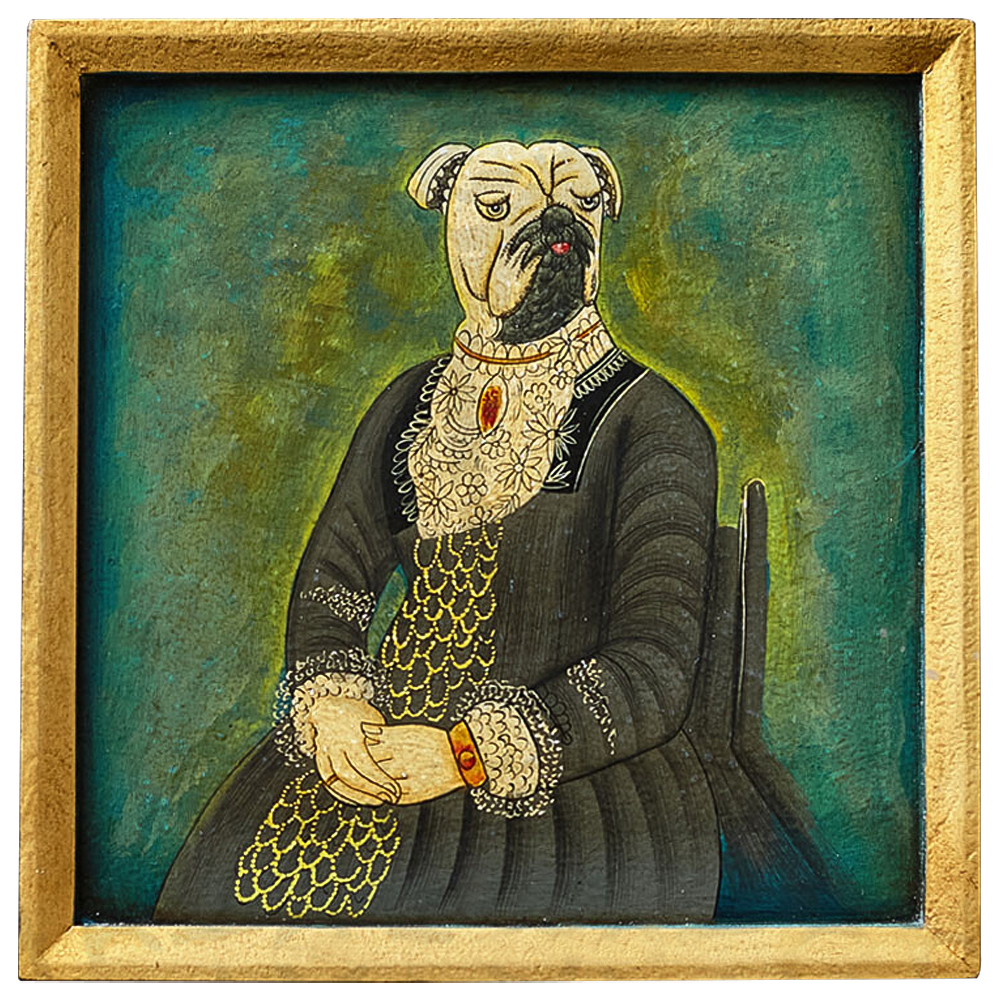 Картина в квадратной раме Chinoiserie Mops Dog Green Portrait