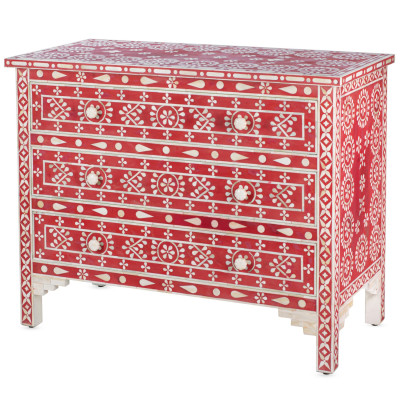 Комод красный орнамент кость BONE CHEST OF 3 DRAWER