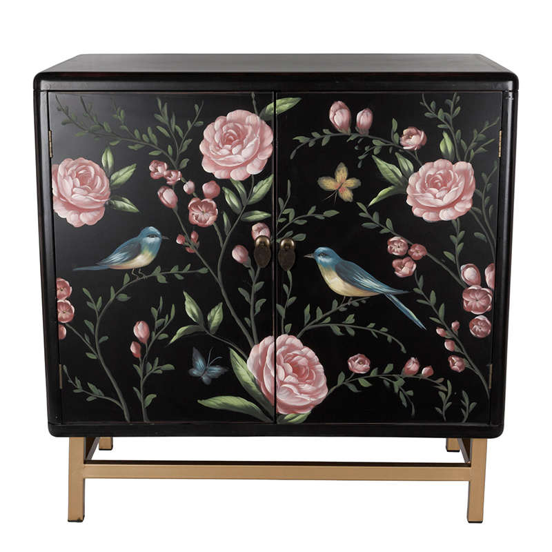 Комод с росписью птицы и цветы Black Chest Of Drawers Peonies Черный